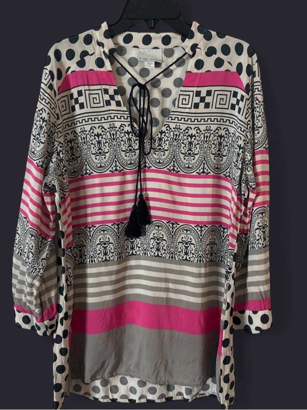 Atina Cristina Mixed-Print Boho Chic Maximalist Pink and Gray Women's Tunic Top